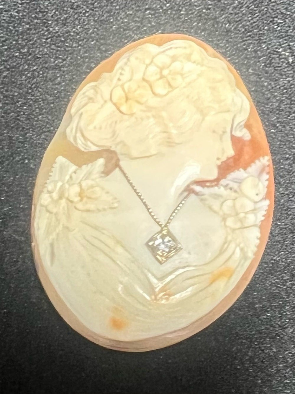Antique Lg Oval Shell Cameo Stone Woman w/ Diamond Necklace